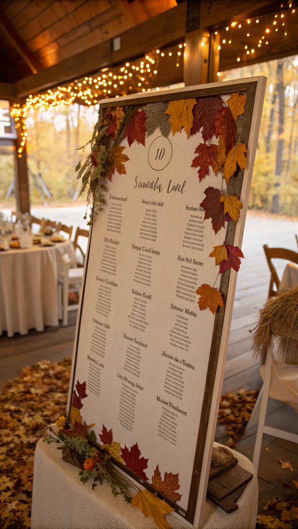 A fall-themed seating chart decorated with colorful leaves and a rustic frame.