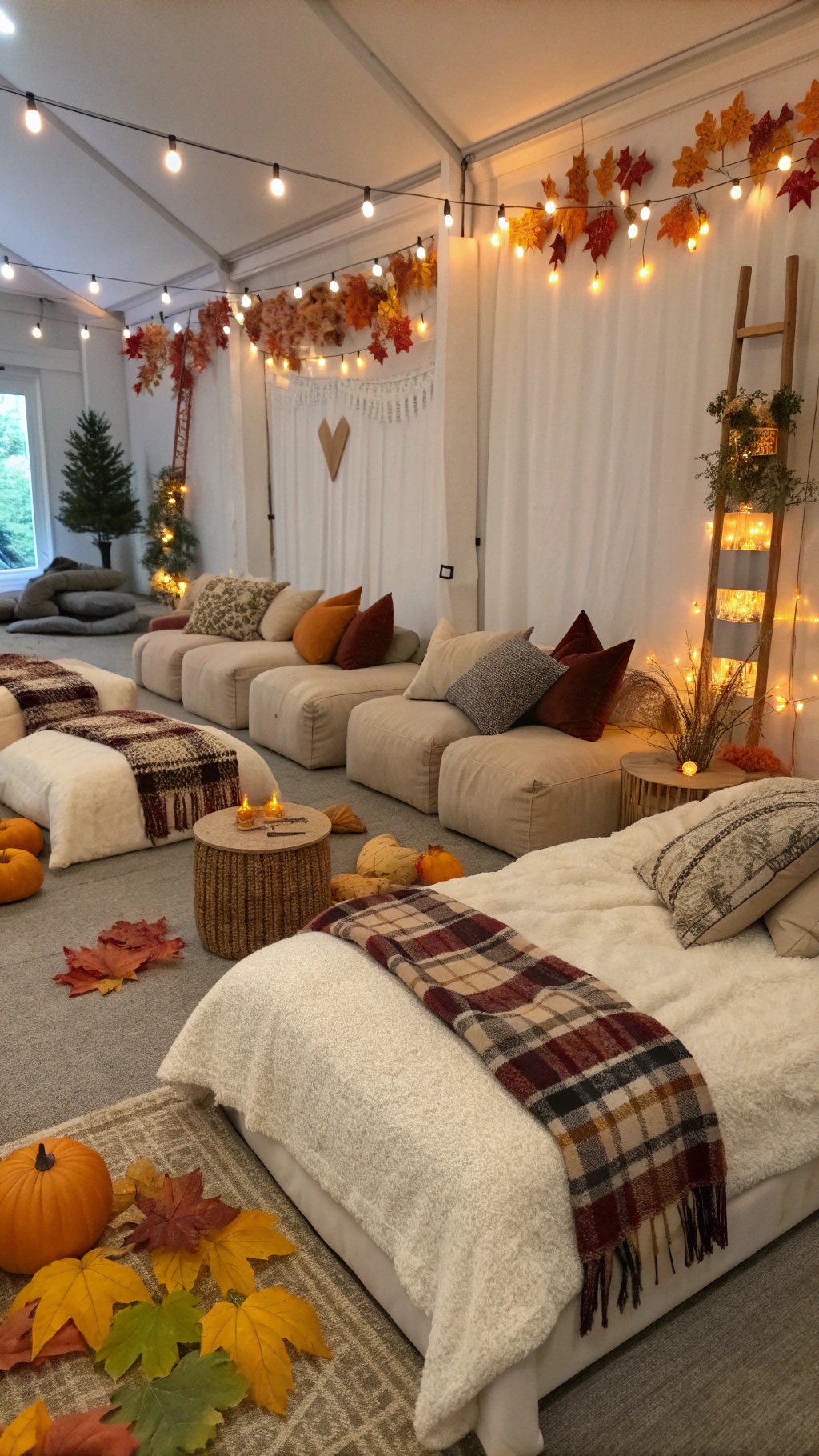 Cozy lounge area with soft seating, blankets, and autumn decorations for a fall wedding.