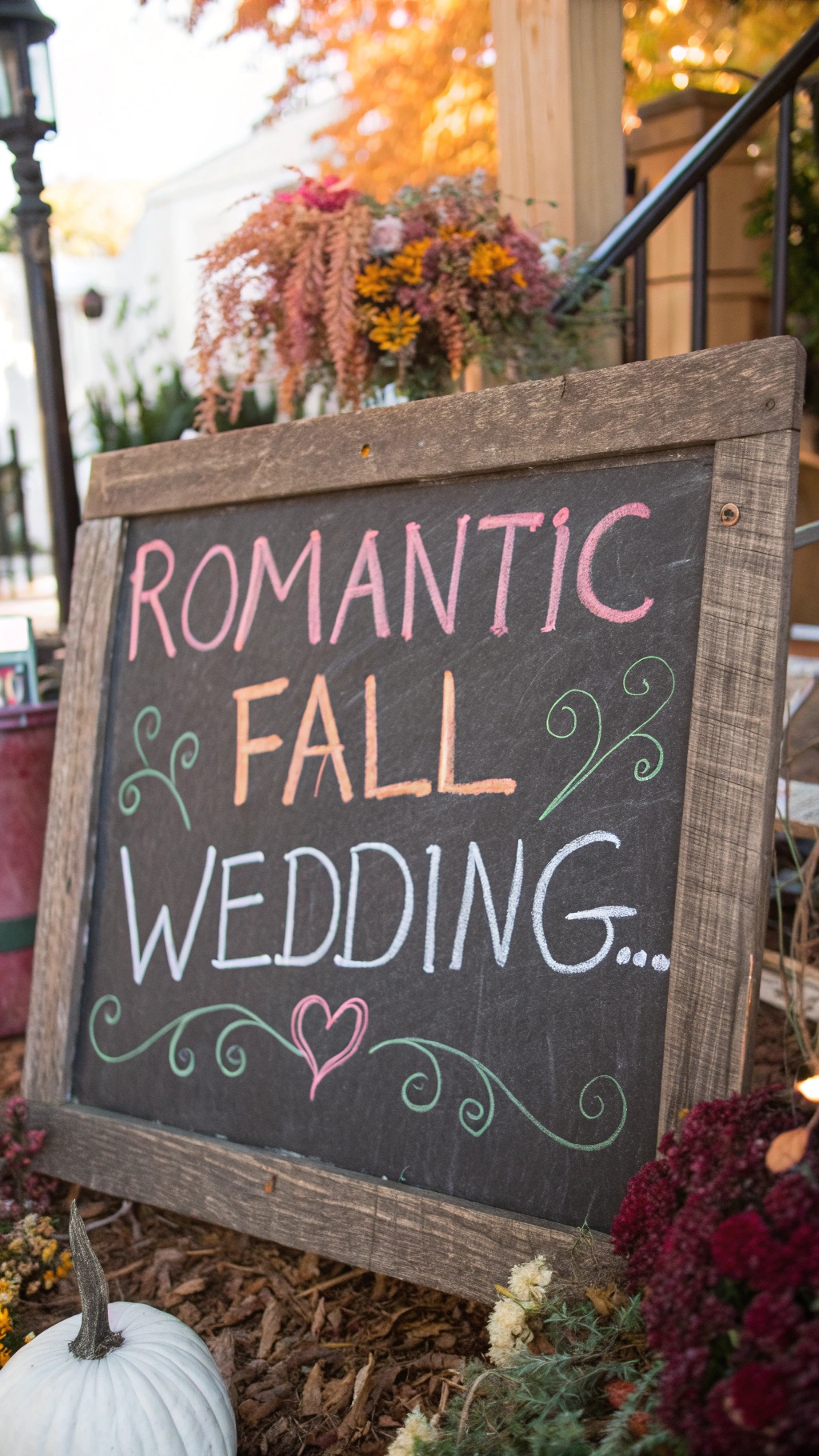 A chalkboard sign that reads'Romantic Fall Wedding' surrounded by fall flowers and decorations.