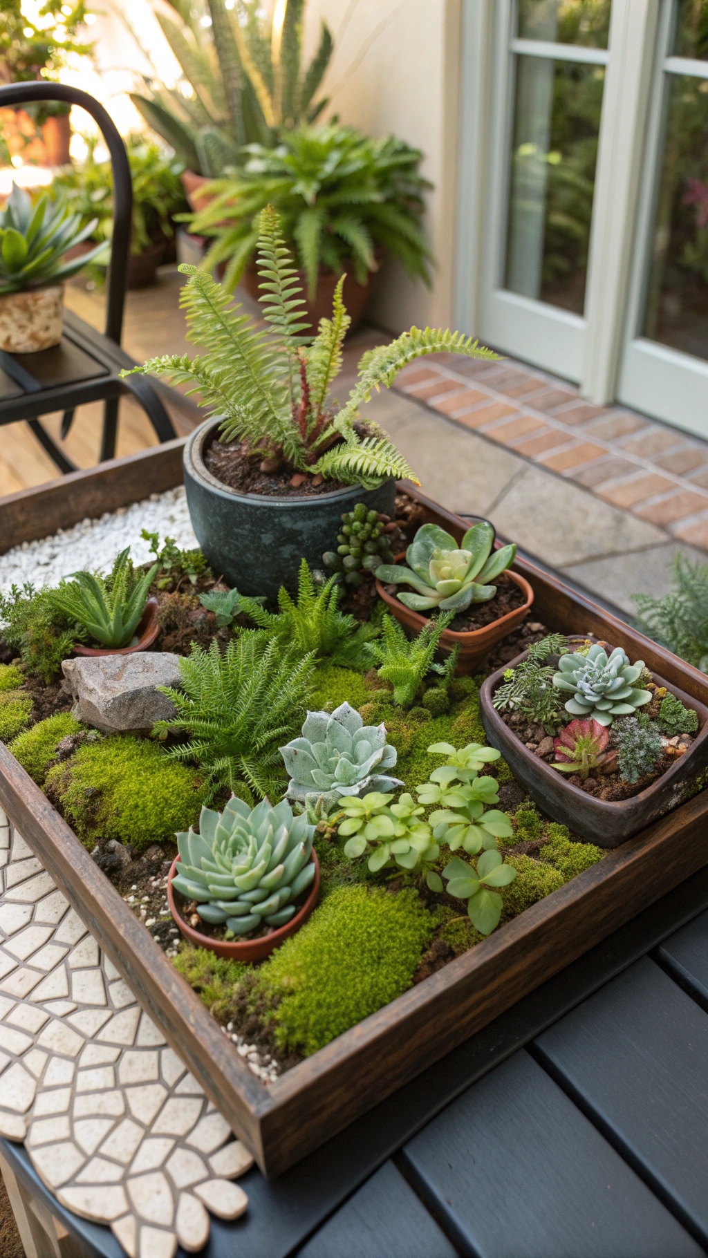 A beautifully arranged garden terrarium featuring various plants and green moss.