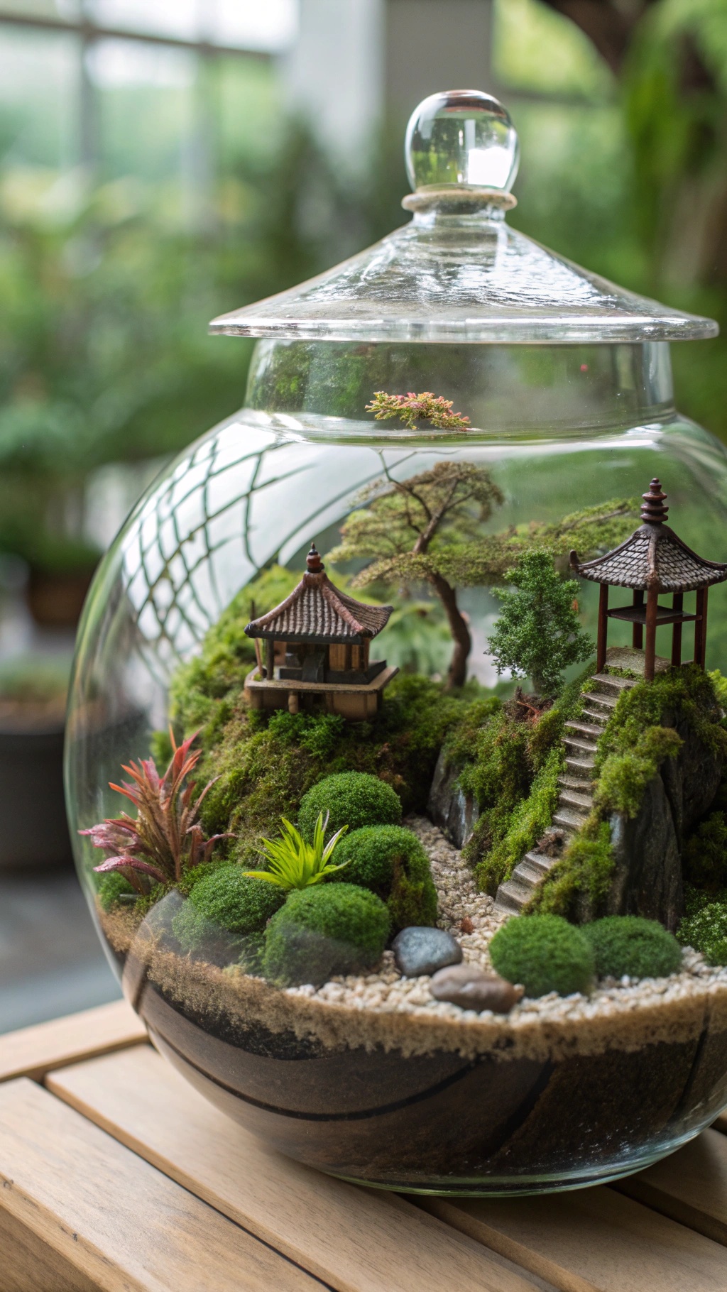 A beautifully arranged terrarium featuring green moss, miniature structures, and decorative stones.