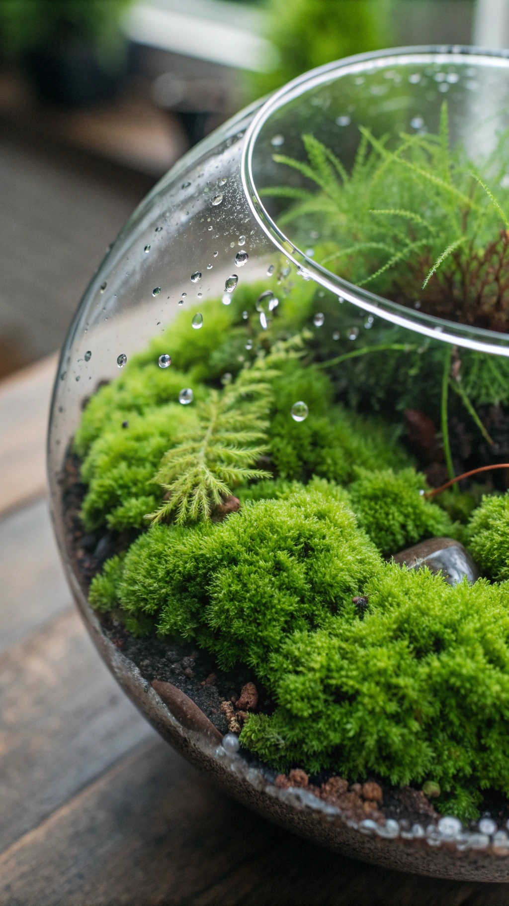 A close-up view of a terrarium featuring vibrant green moss and droplets of water.