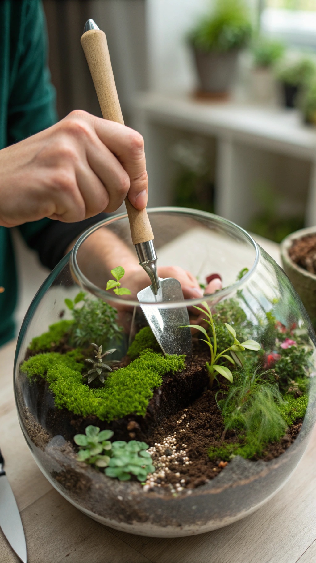 A person using a small shovel to layer soil in a garden terrarium with green moss.