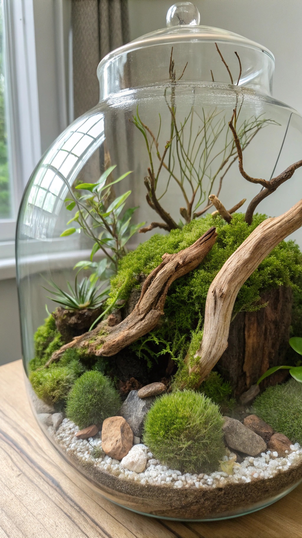 A garden terrarium featuring green moss and natural wood accents.