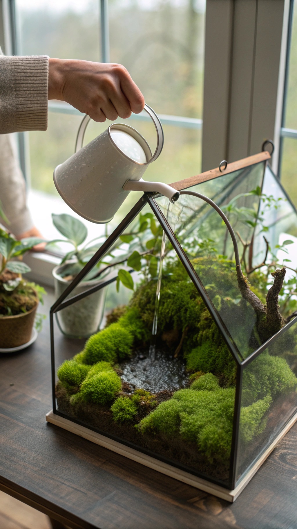 A person watering a garden terrarium filled with green moss.