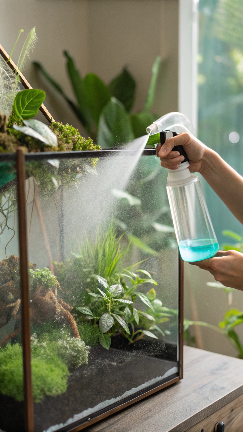 Person spraying water into a garden terrarium filled with green moss and plants.