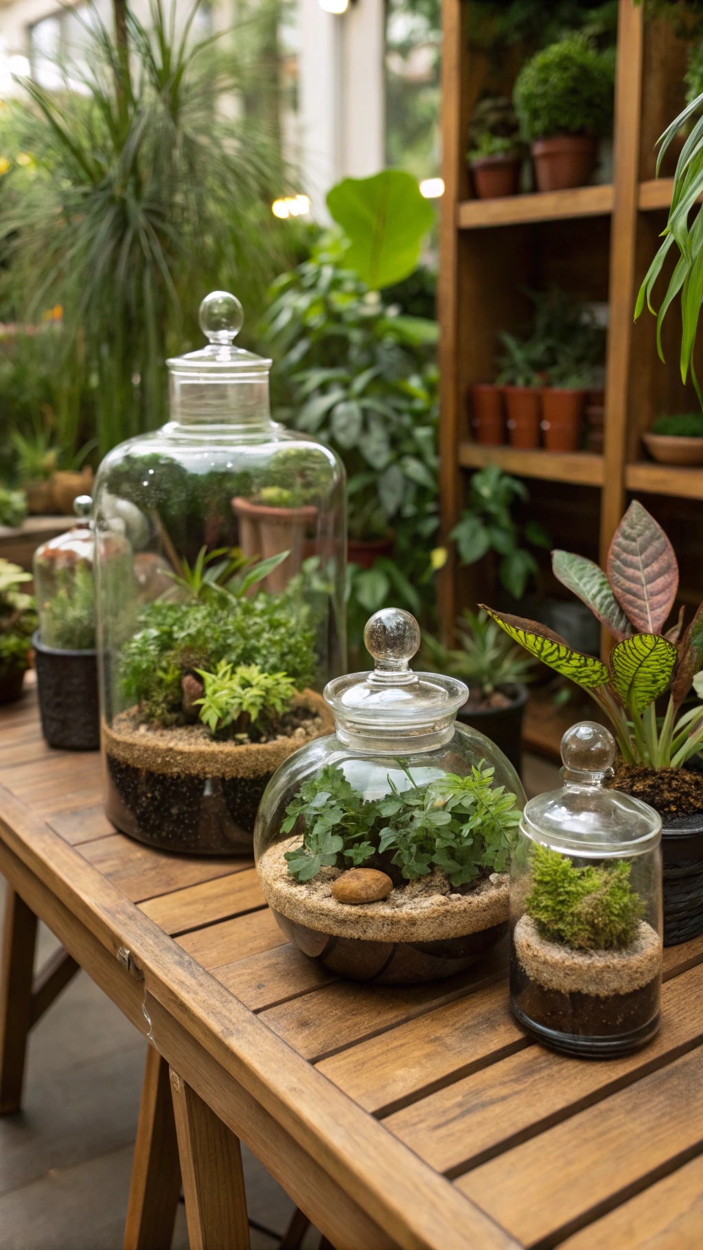 Various glass terrariums with green moss and plants displayed on a wooden table.