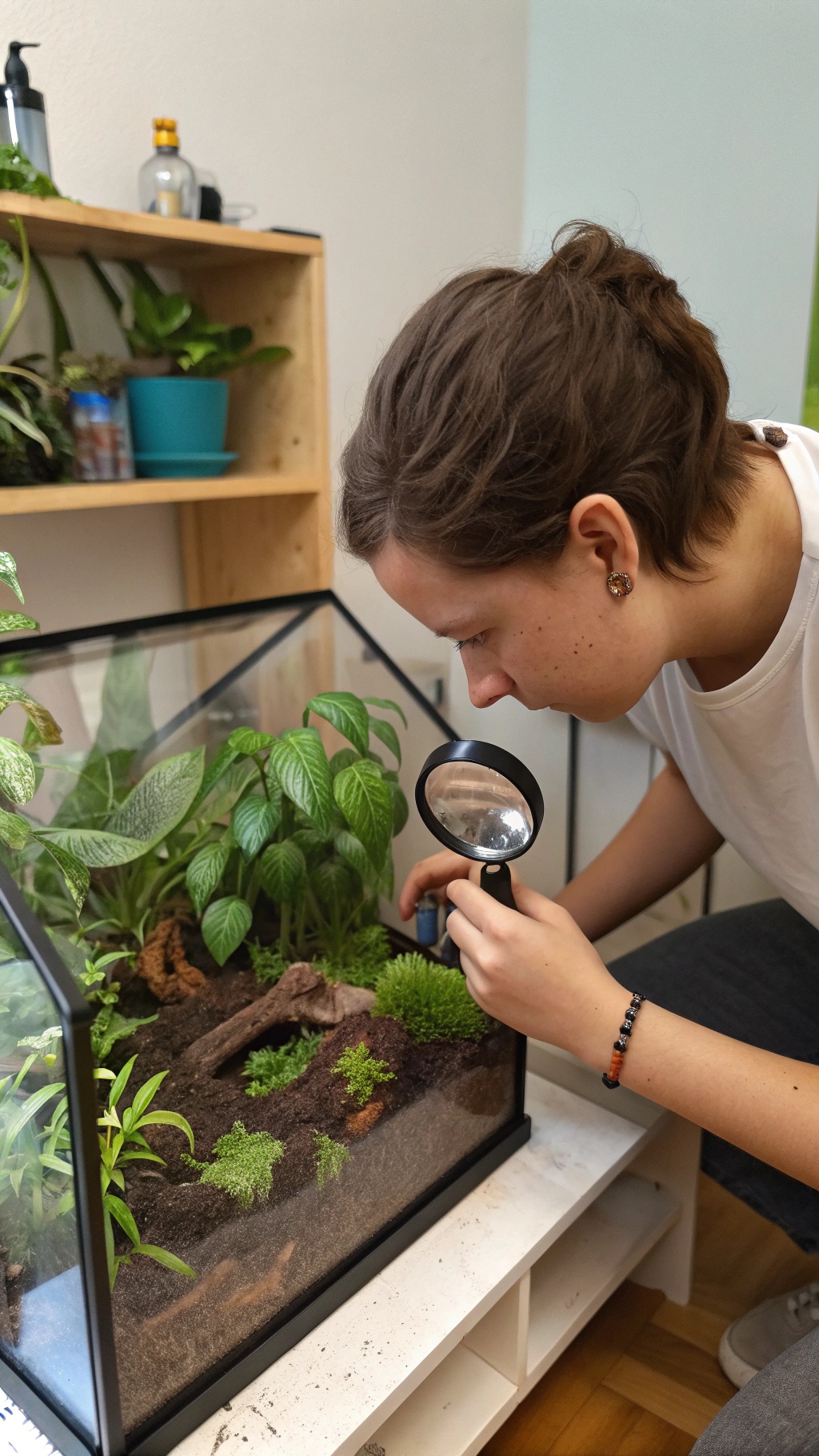 A person inspecting a terrarium with green moss and plants using a magnifying glass.