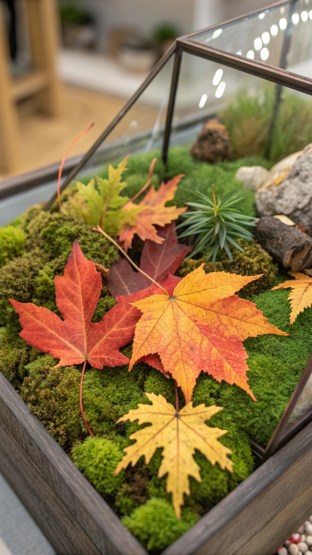 A close-up of a terrarium featuring green moss and colorful autumn leaves.