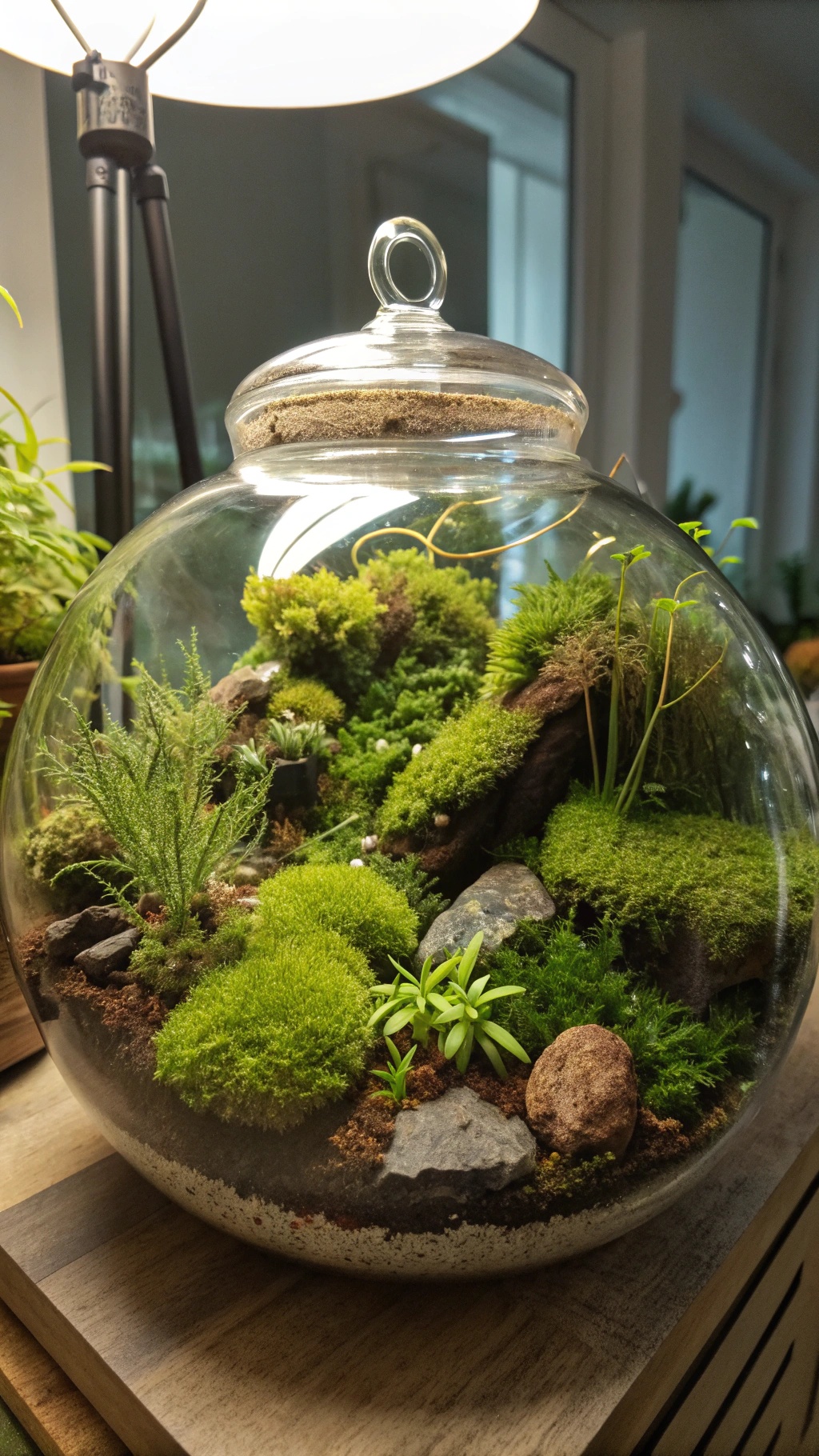 A beautifully arranged garden terrarium featuring various types of green moss, rocks, and small plants.