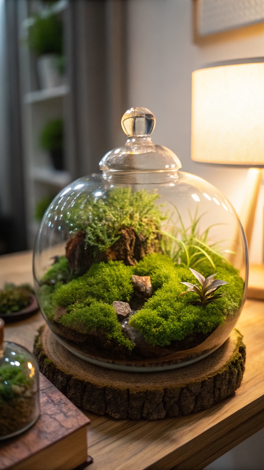 A beautiful glass terrarium featuring green moss and small plants, illuminated by a nearby lamp.