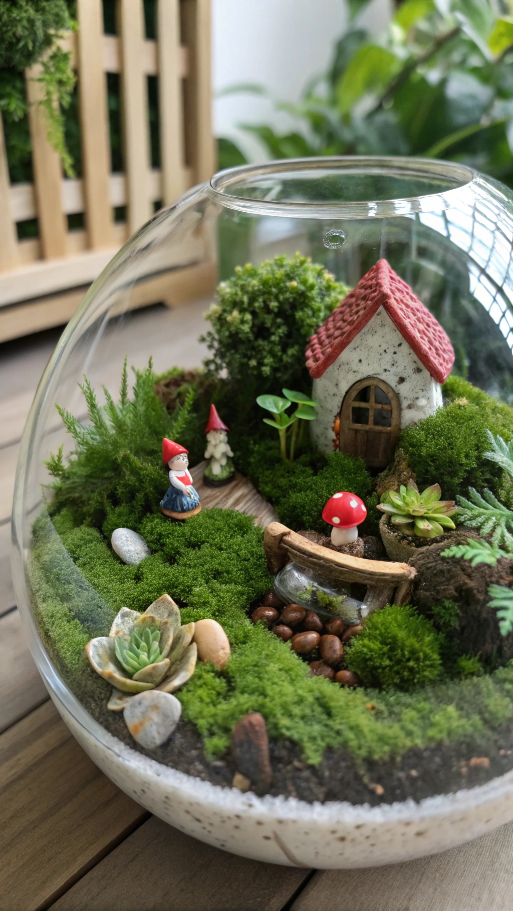 A garden terrarium featuring green moss, small figurines, and a miniature house.