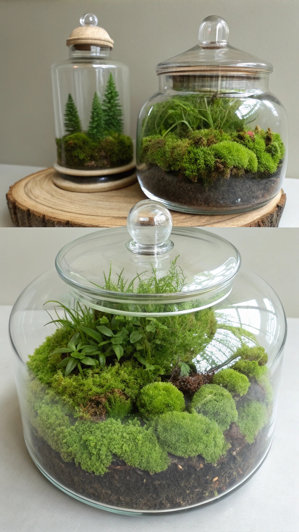 A collection of glass terrariums with green moss and small plants.