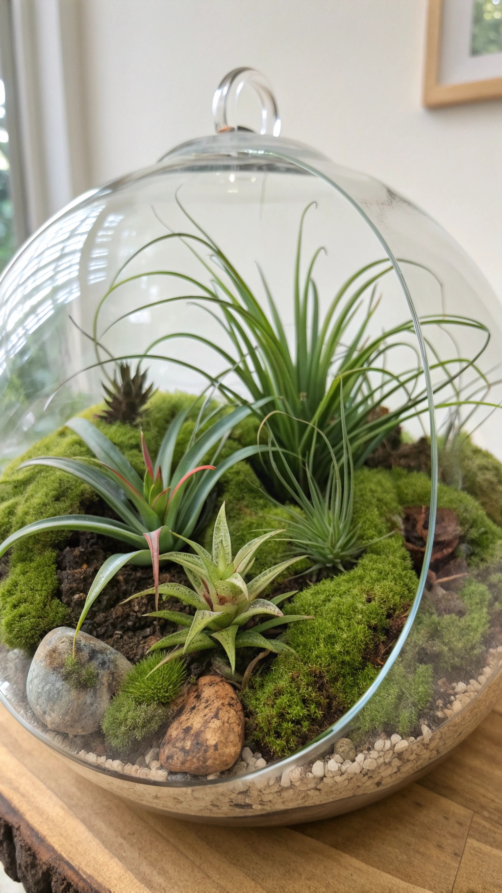 A glass terrarium featuring various air plants and green moss.