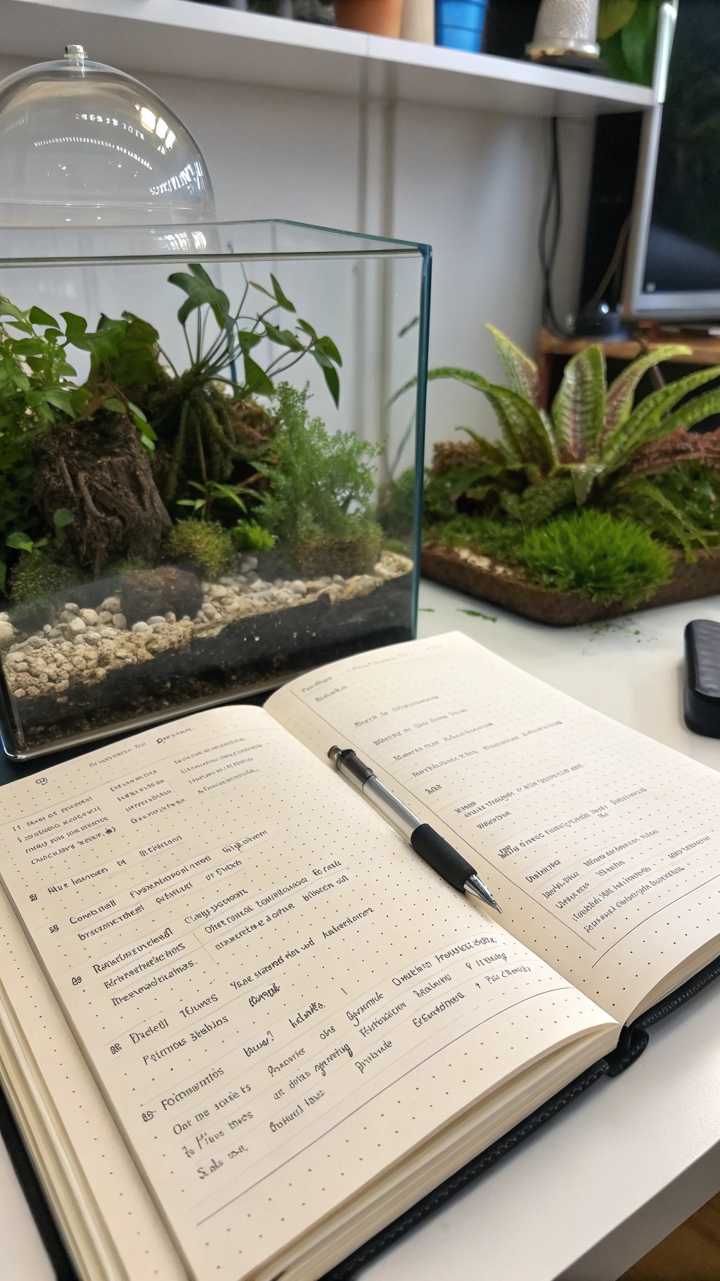 A garden terrarium with green moss and a notebook for documenting growth.