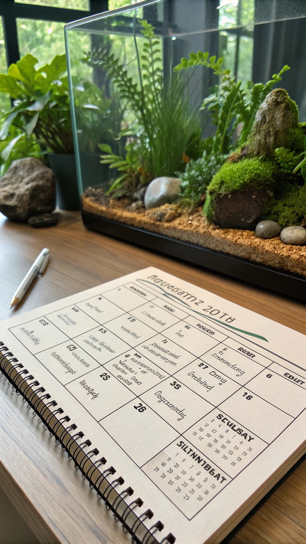 A calendar next to a garden terrarium filled with green moss and plants.