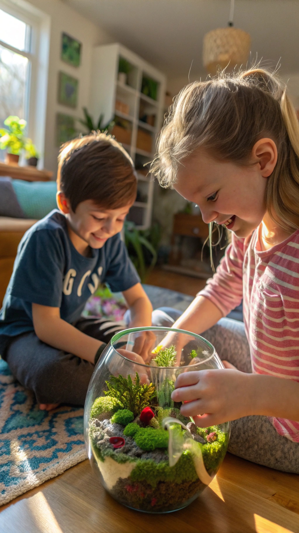 Two children happily working on a garden terrarium filled with green moss.