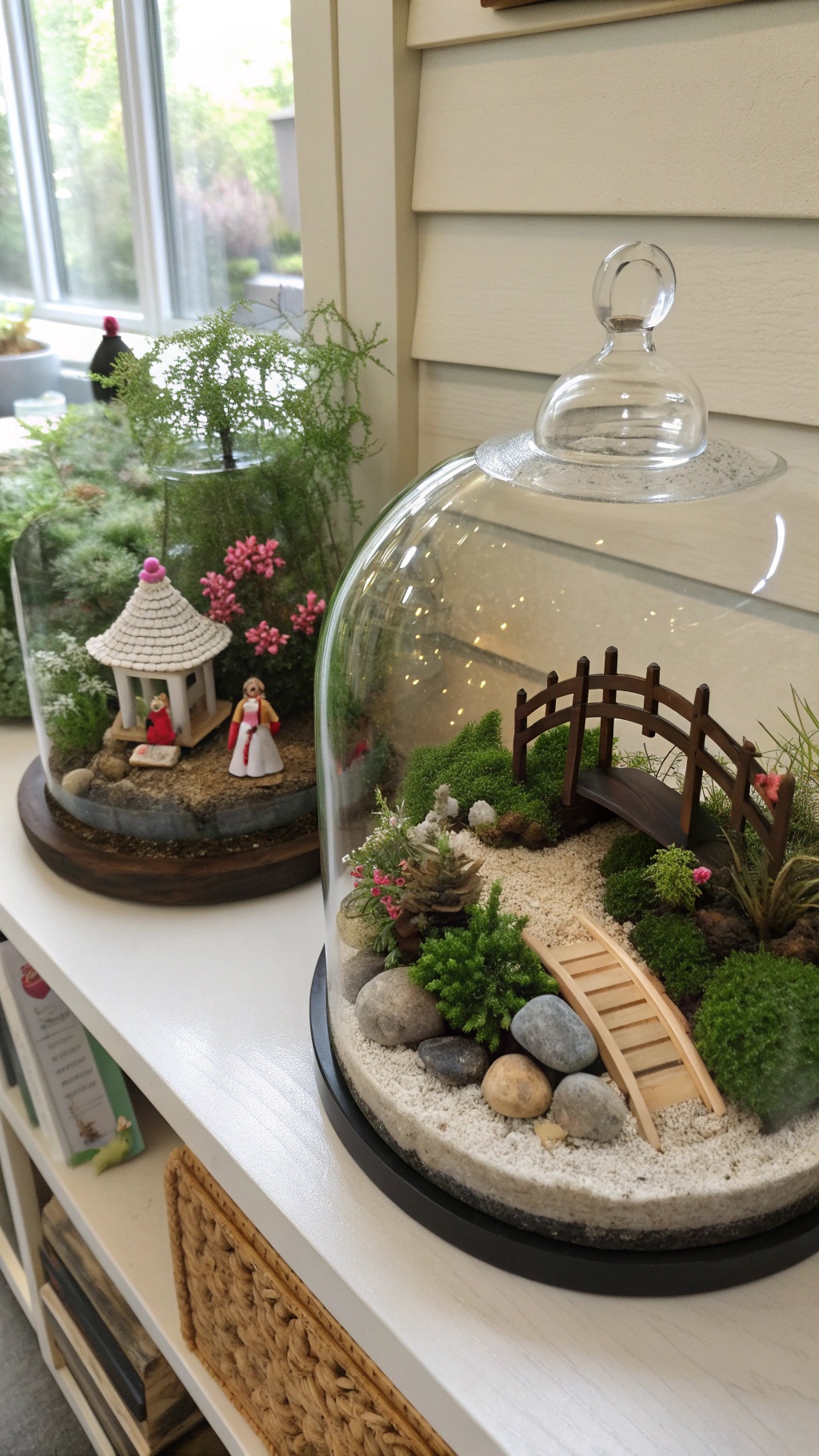 Two glass terrariums with green moss, one featuring a gazebo and the other a wooden bridge.