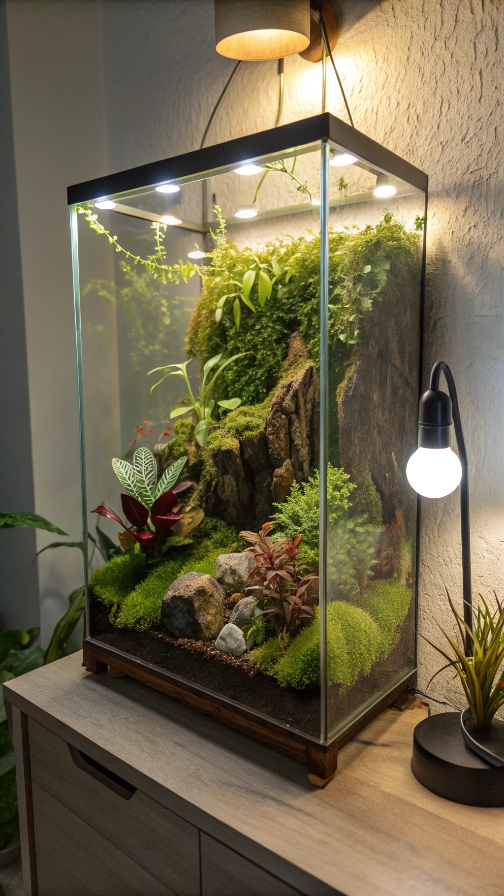 A beautifully arranged garden terrarium featuring green moss, plants, and rocks, illuminated by soft lighting.