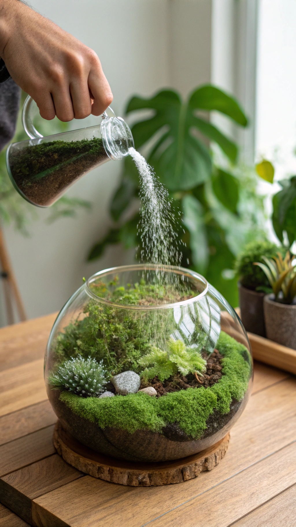 A person watering a garden terrarium filled with green moss and small plants.