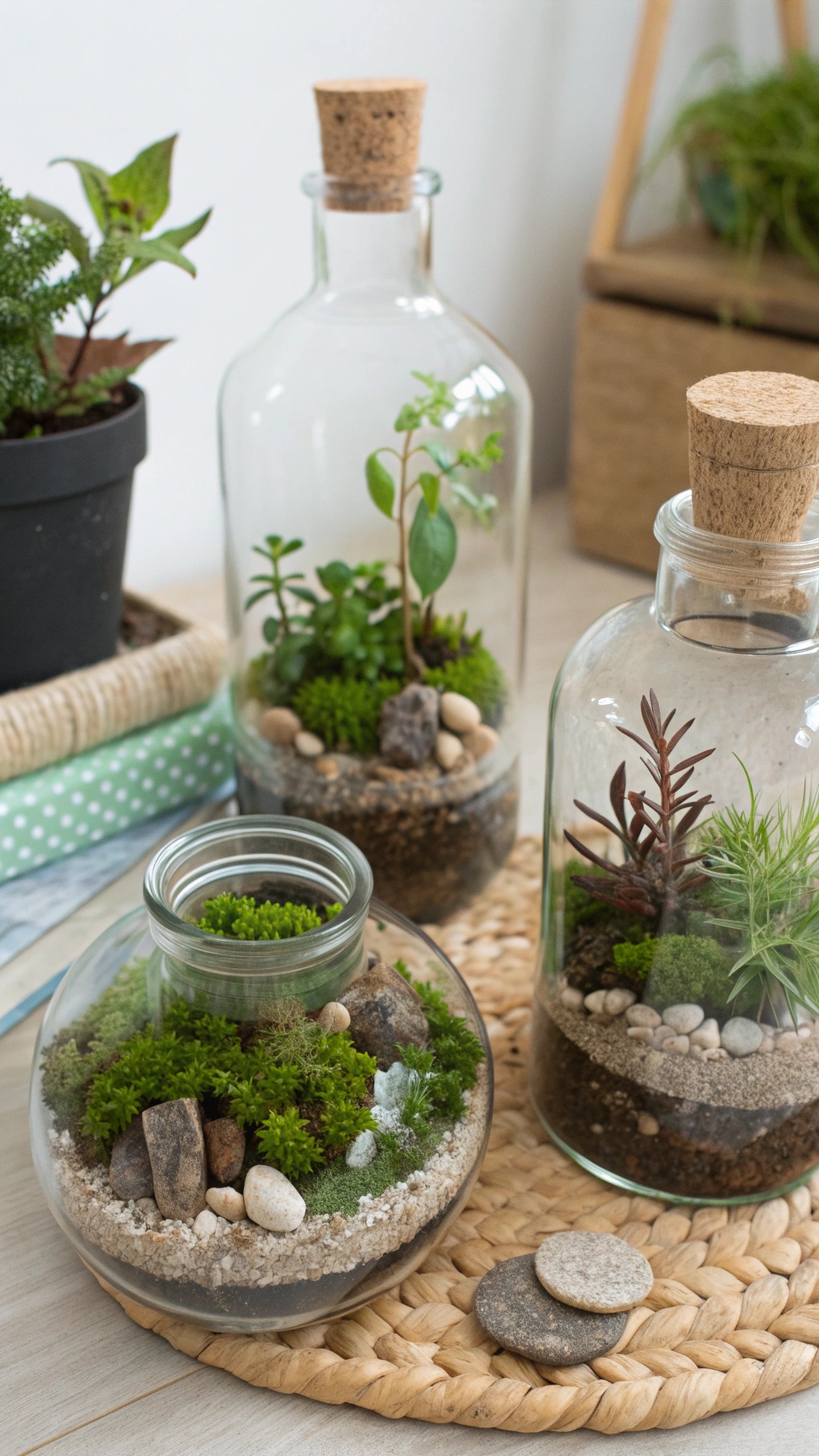 A collection of terrariums with green moss and plants in glass containers.