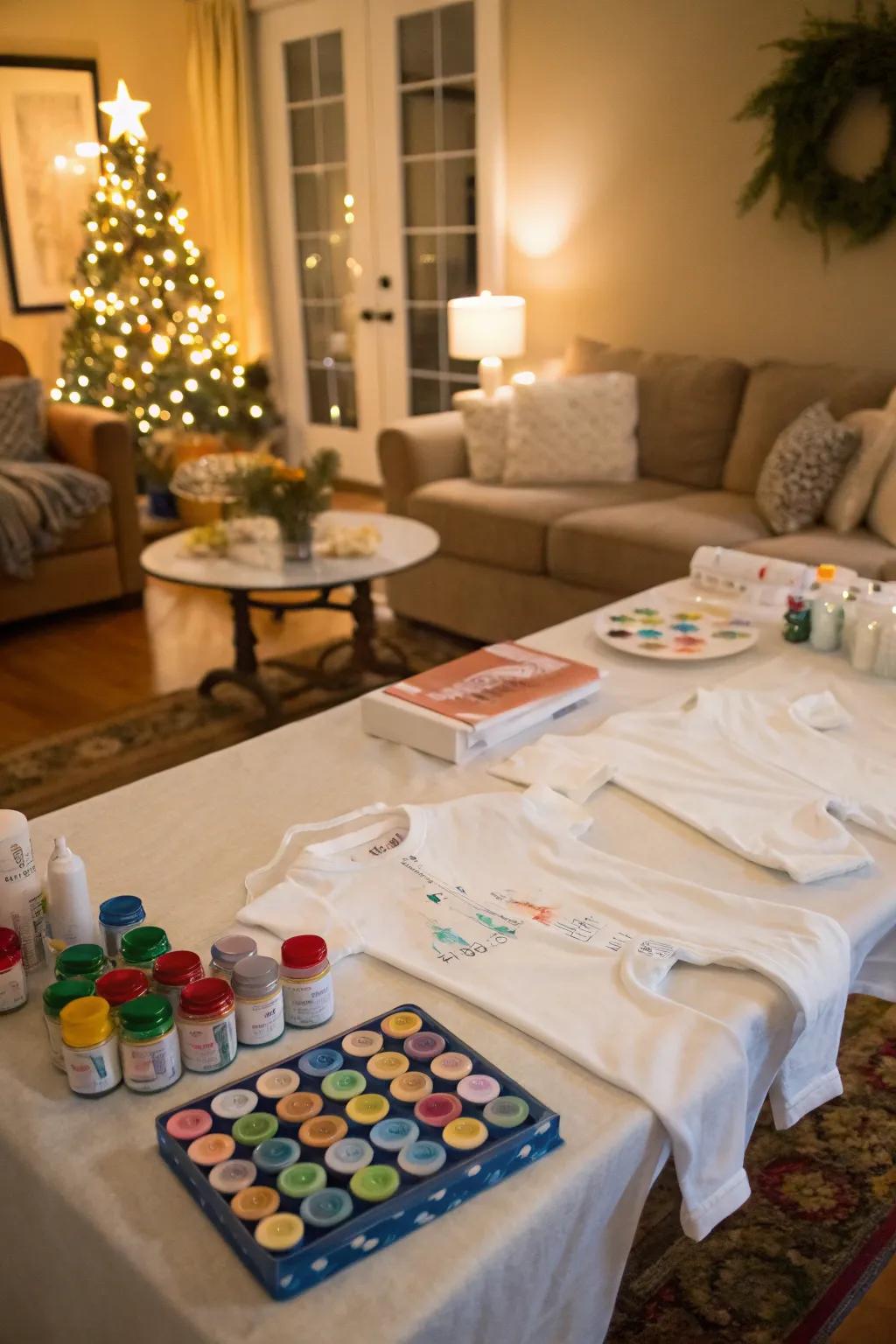 Guests decorating baby onesies at a creative station.