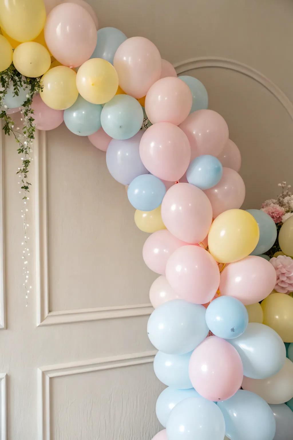Soft pastel balloon arrangement for a cozy baby shower.