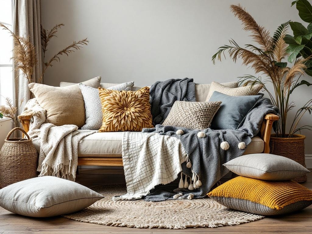 A cozy sofa with layered textiles, including various cushions and throws, creating a warm and inviting atmosphere.