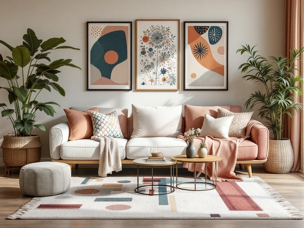Cozy living room with a mix of bold colors, patterns, and layered textiles.
