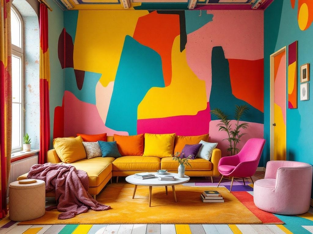 A vibrant living room with bold colors and mixed patterns, featuring a yellow sofa, pink chair, and colorful abstract wall art.