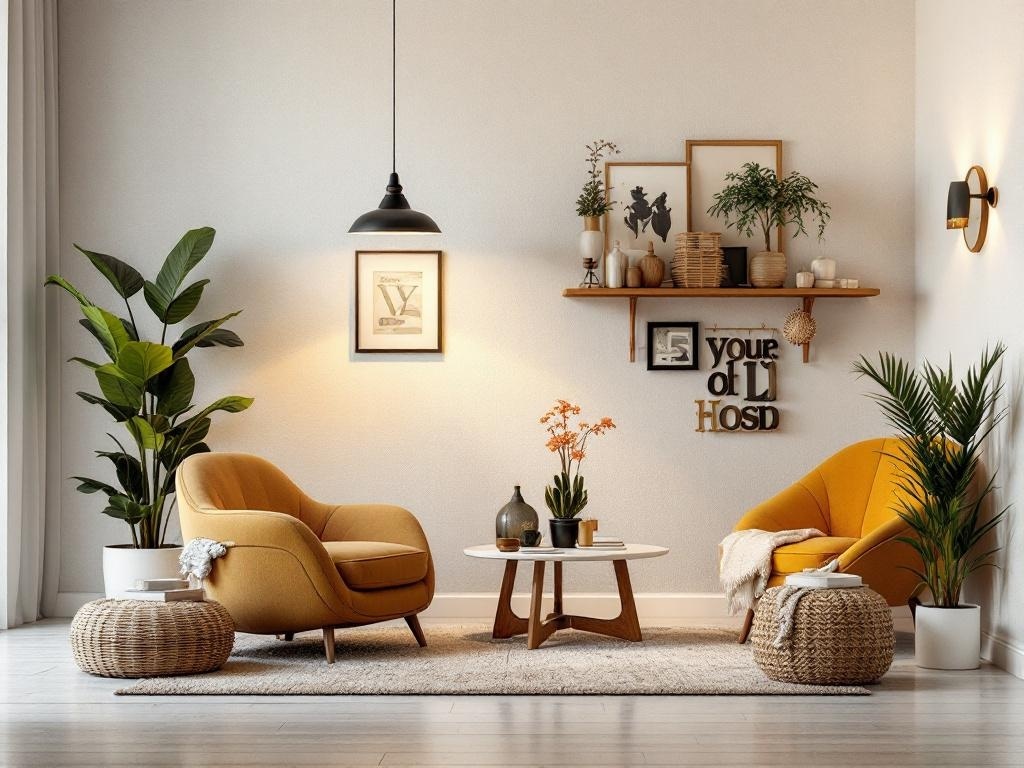 A cozy living area featuring yellow chairs, a coffee table, plants, and a gallery wall.