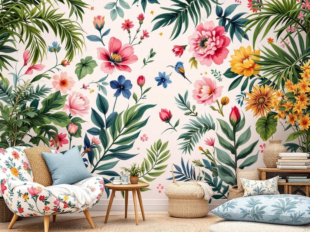 A colorful wall mural featuring a variety of flowers and leaves, with a cozy chair and cushions in front.