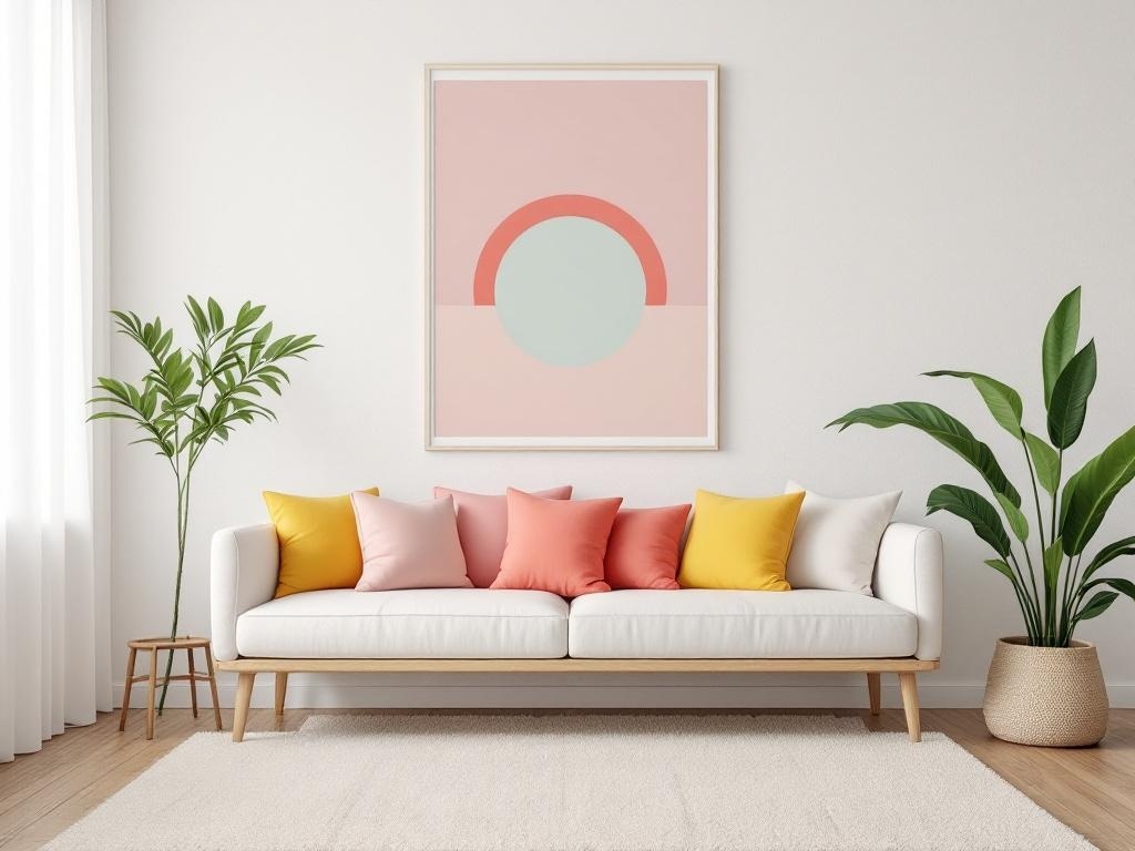 A cozy living room with a pink wall, a geometric artwork, a white sofa with colorful cushions, and a potted plant.