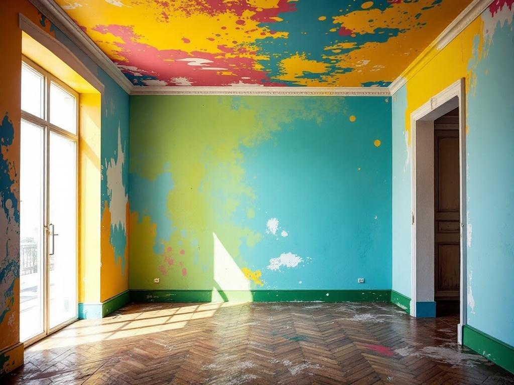A brightly colored ceiling with splashes of yellow, pink, and blue in a room with green walls and wooden flooring.