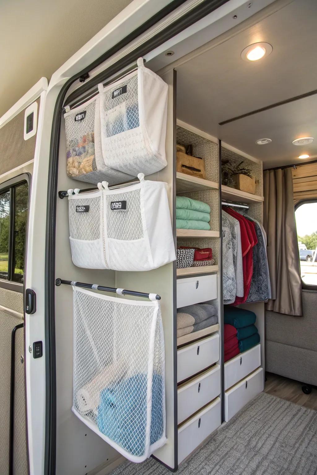 Ceiling-mounted storage nets for lightweight RV closet items.