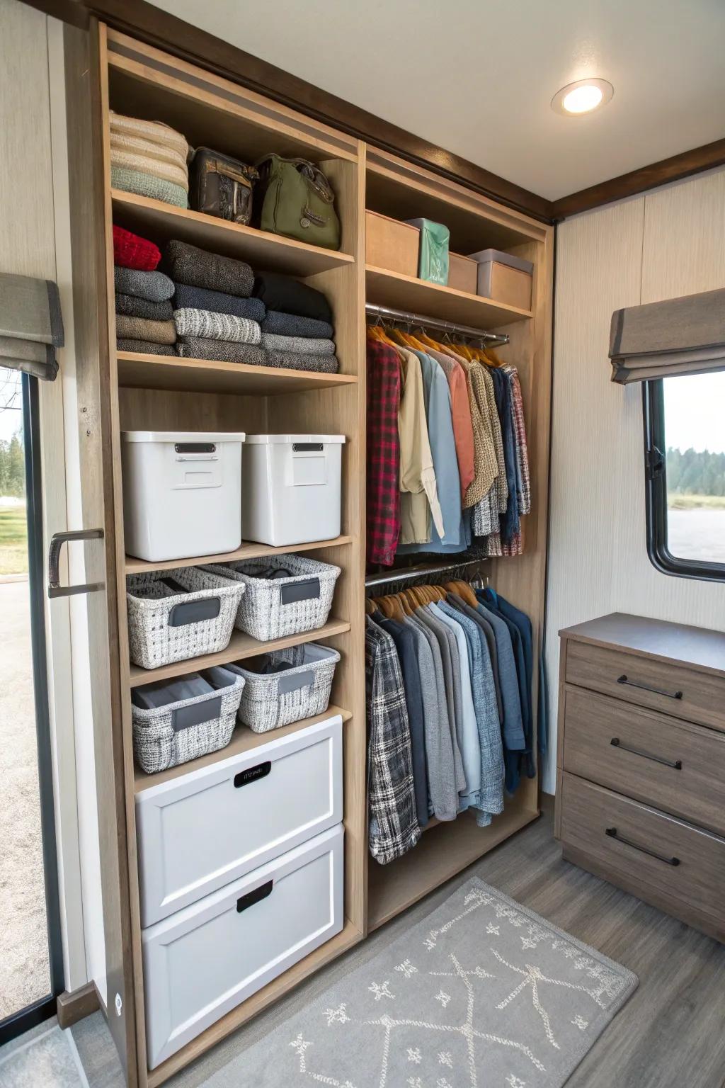 Adjustable shelving units for versatile RV closet organization.