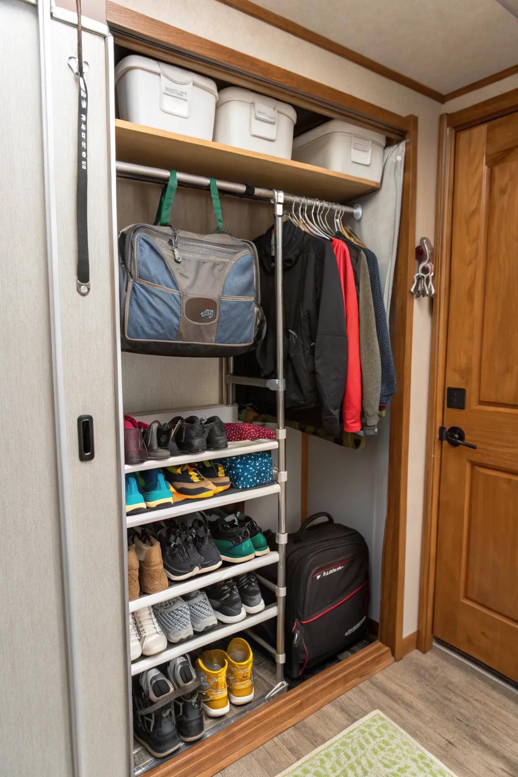 Tension rod shoe organizer for neat footwear storage.