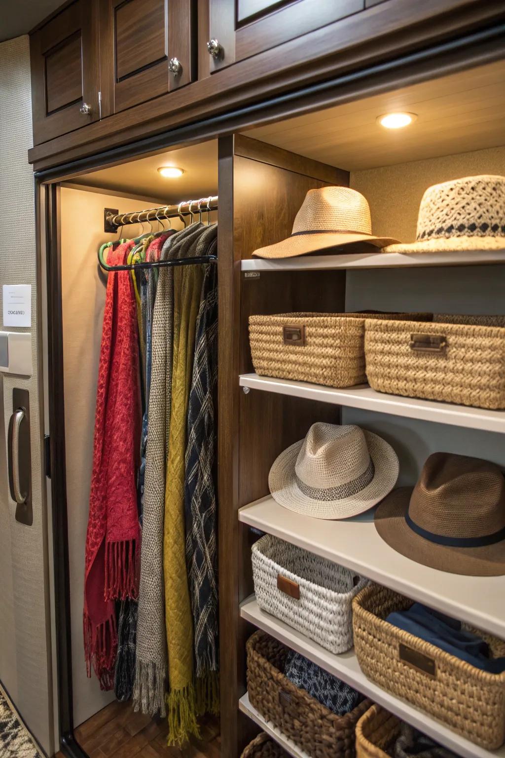 Under-shelf baskets for additional lightweight storage in RV closets.