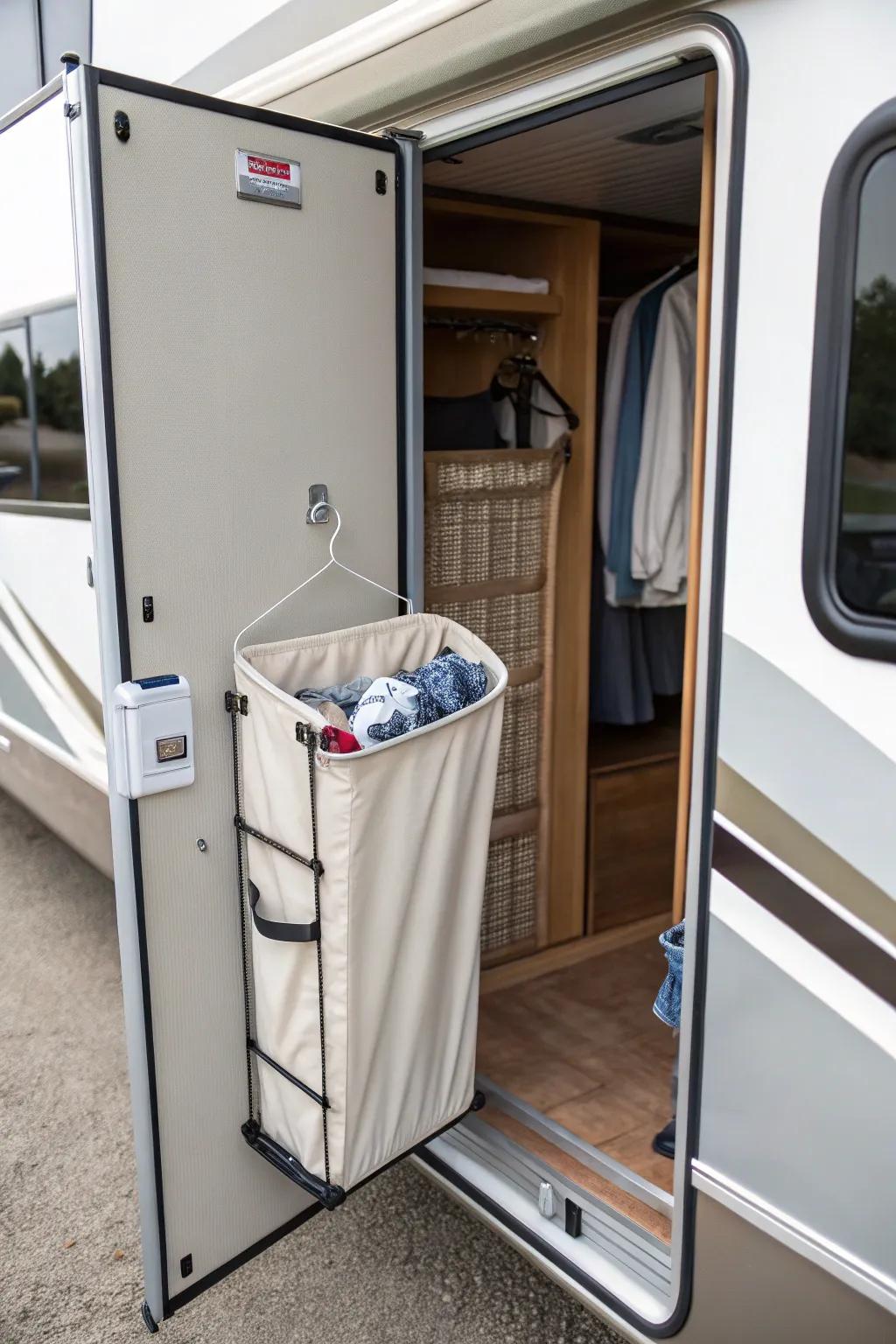 Slim hanging hamper for organized dirty laundry in RV closets.