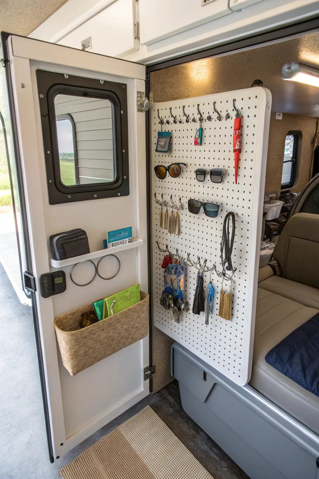 Pegboard panels for organizing small accessories in RV closets.