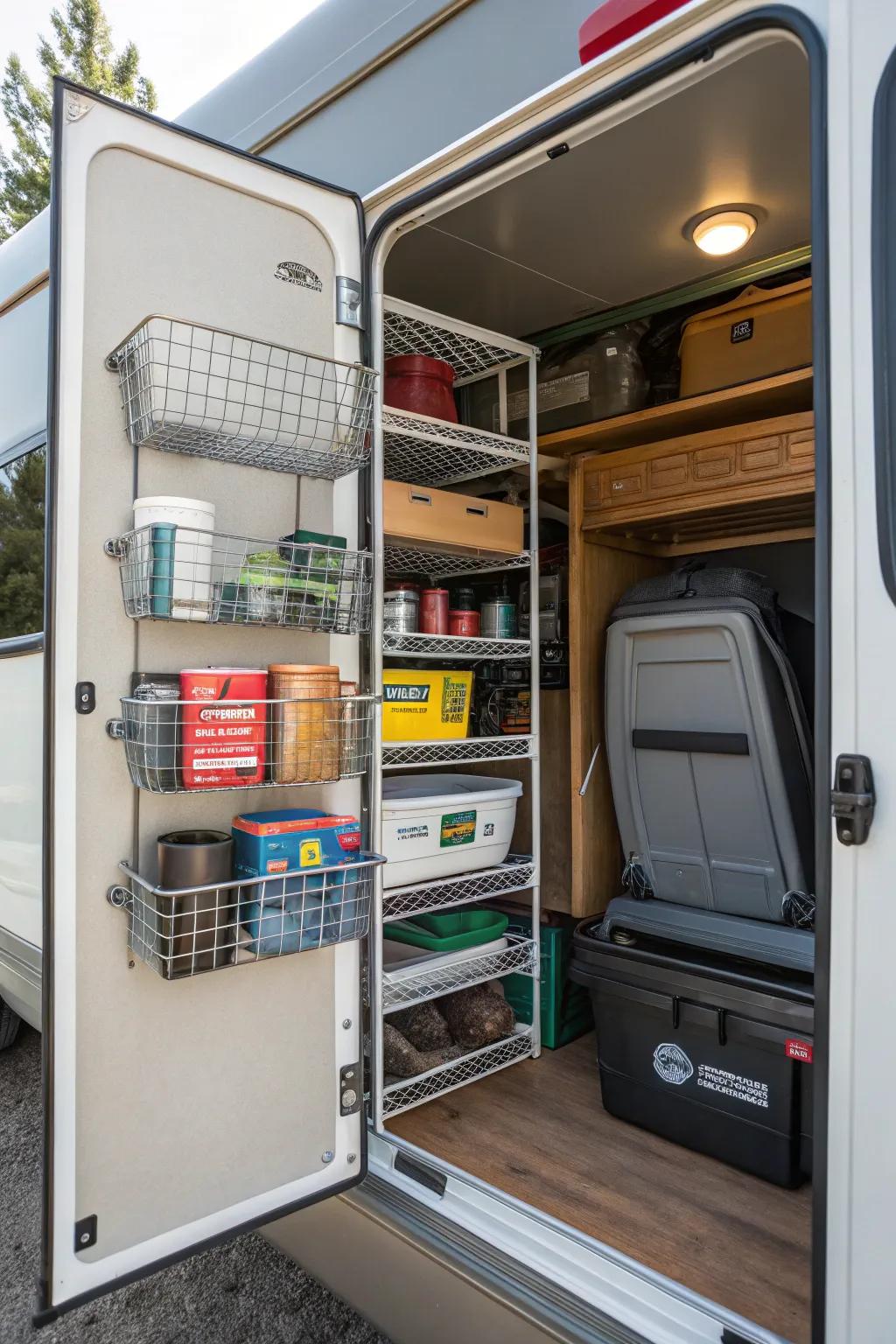 Wire cubbies for sturdy storage in RV closets.