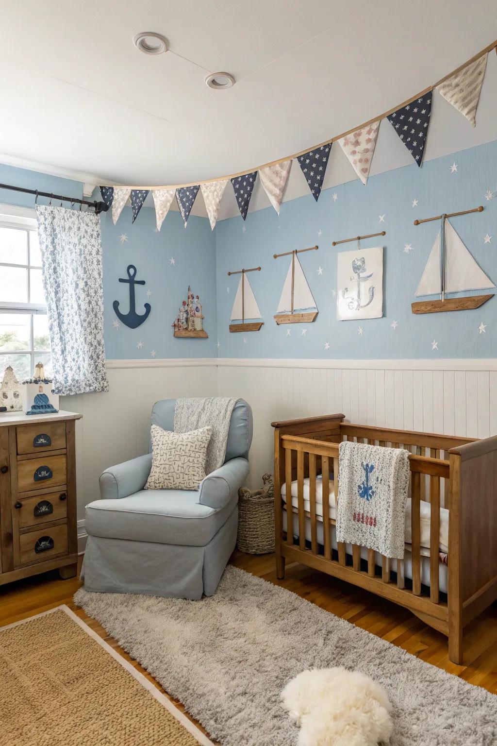 A nursery with calming coastal-inspired colors.