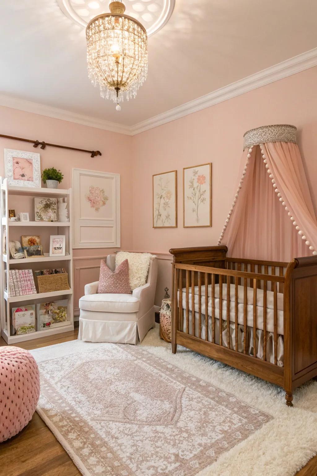 A cozy nursery with gentle blush pink walls.