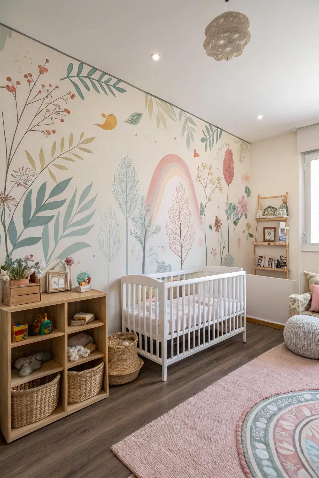 A nursery featuring a captivating artistic mural.