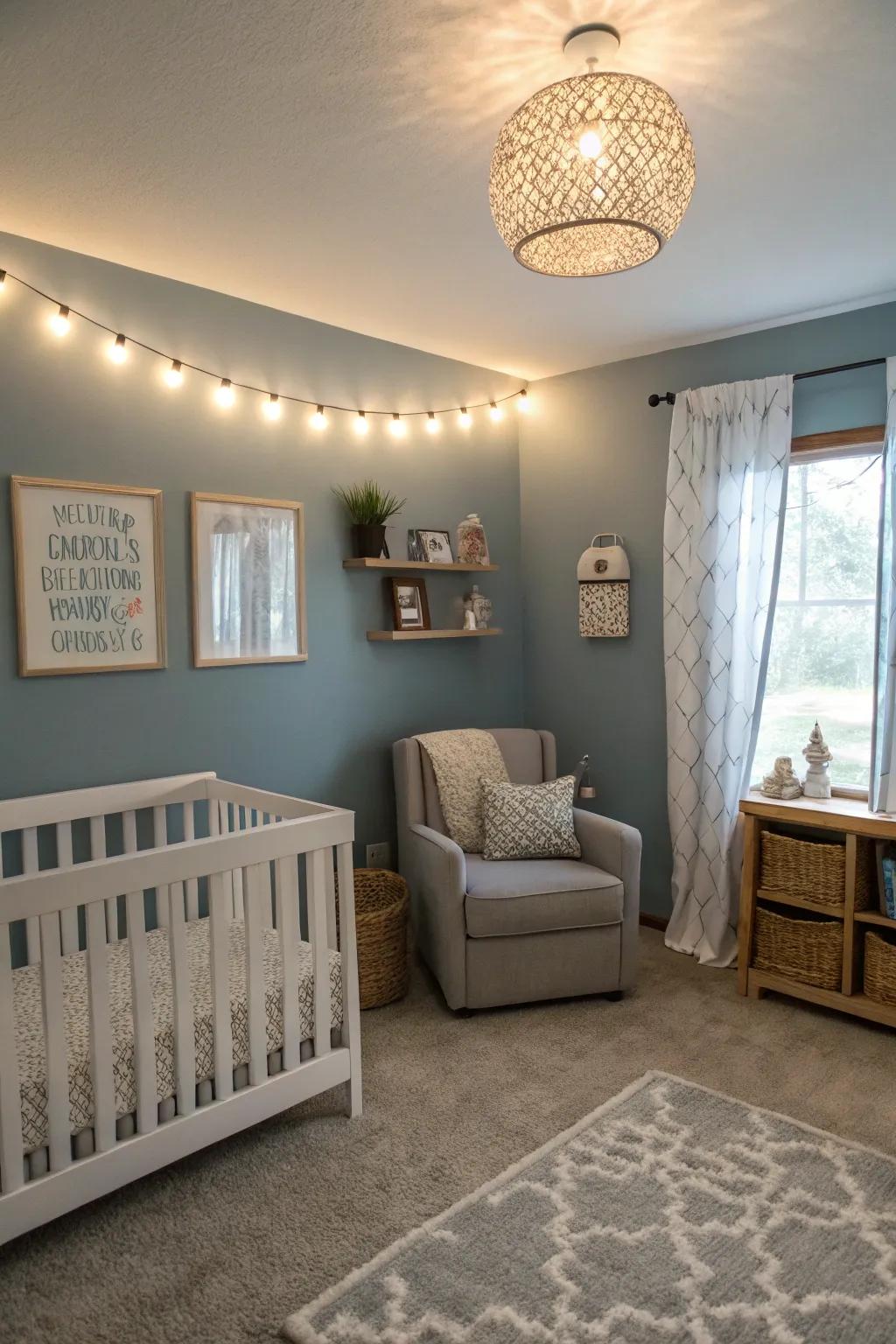 A nursery with refreshing slate blue tones.