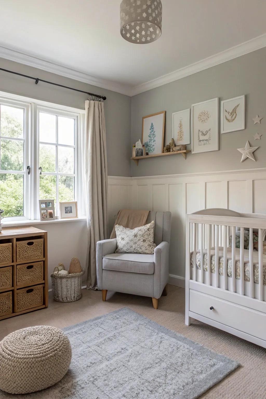 A nursery featuring adaptable greige tones.