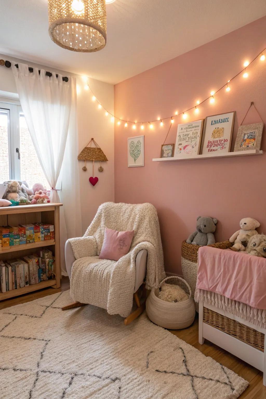 A warm nursery with soft plaster pink walls.