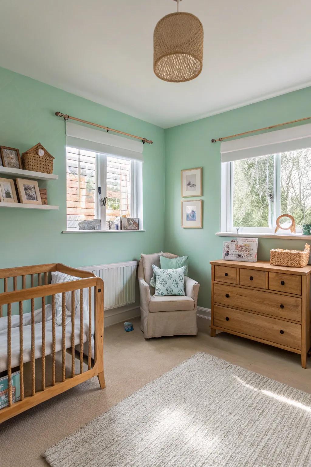 A vibrant nursery with invigorating mint green walls.