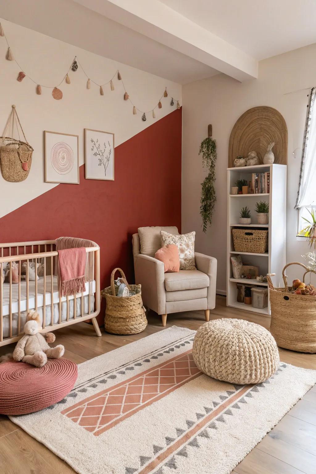 A nursery with warm earthy red accent pieces.