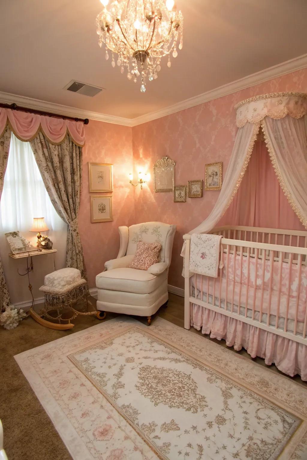An elegant nursery with sophisticated rose pink walls.